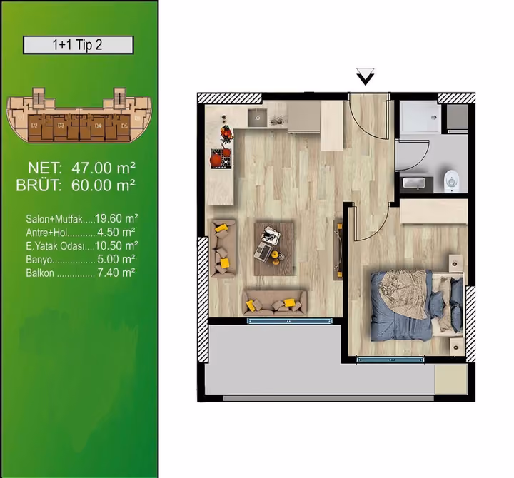 One-bedroom Type 2 plan showing 60 square meters gross, one full bathroom and a 7.40 square meter balcony