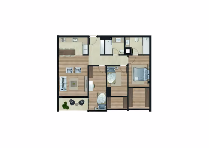 Original catalogue floor-plan illustration for a 3-bedroom apartment with two bathrooms, 91.47 square metres net and 100.00 square metres gross area. Some layouts also have a separate guest WC.