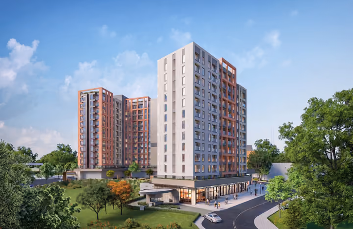 Architectural rendering of two apartment blocks and landscaped gardens in Topkapi