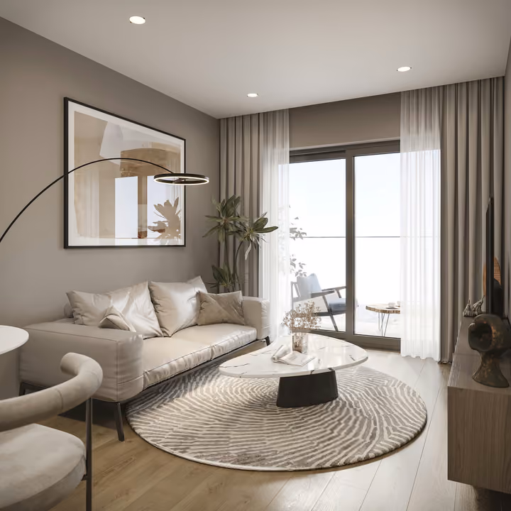 Interior visualization showing the sofa, lounge chair and glazed balcony door.