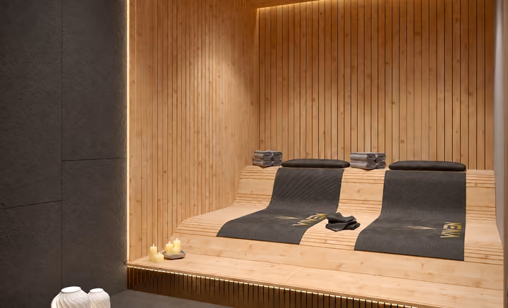 Architectural rendering of sauna with wooden benches.