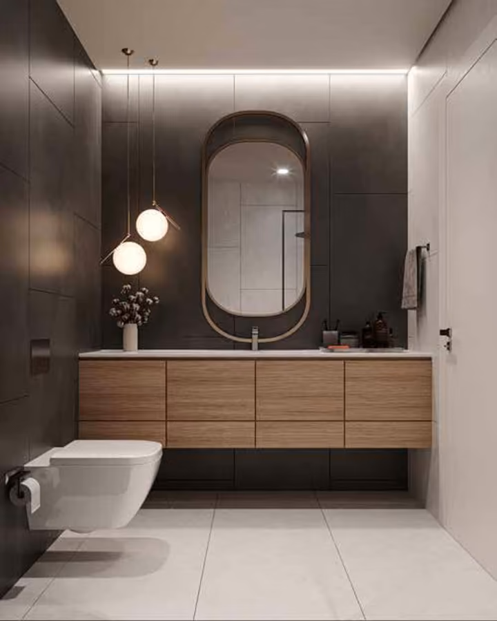 Developer interior visualization of a bathroom vanity, mirror, basin and toilet.