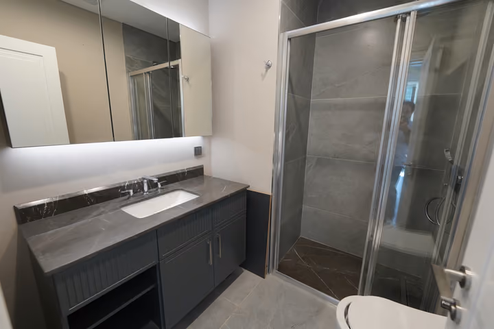 A wider view of the bathroom showing the shower, dark vanity cabinetry and wall mirror.