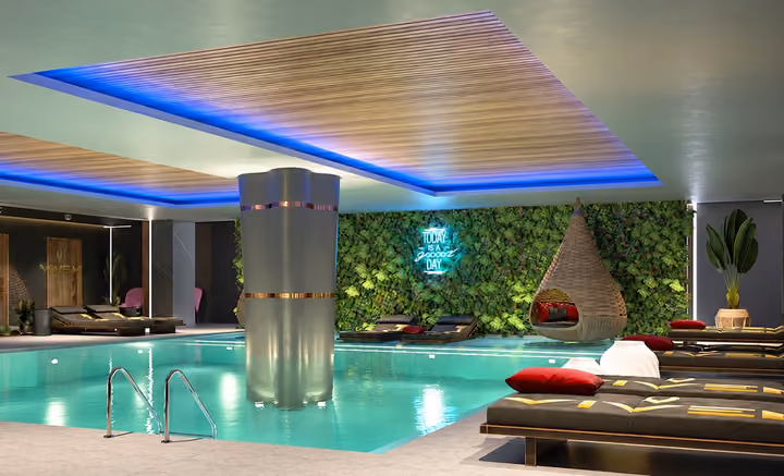 Architectural rendering of indoor swimming pool and lounge.