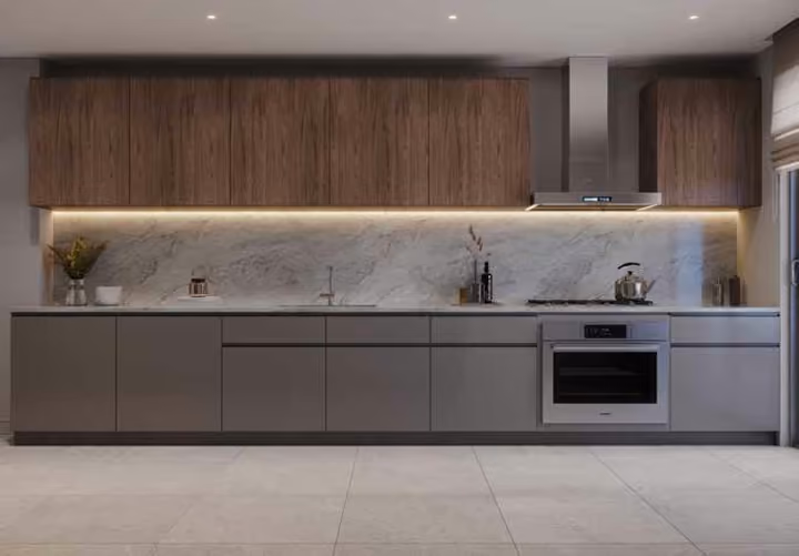 Developer interior visualization of kitchen cabinets, worktop, sink and built-in cooking appliances.