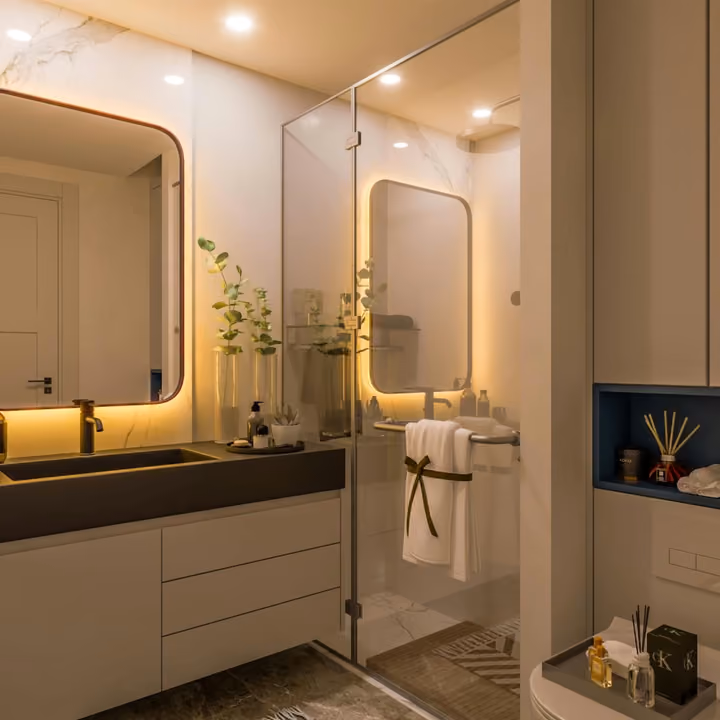 Interior rendering of a glass shower enclosure and illuminated bathroom vanity
