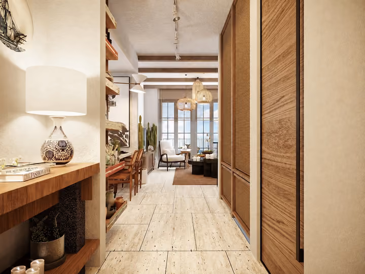 Architectural rendering of entrance corridor with console and fitted storage in Alacati, Cesme.