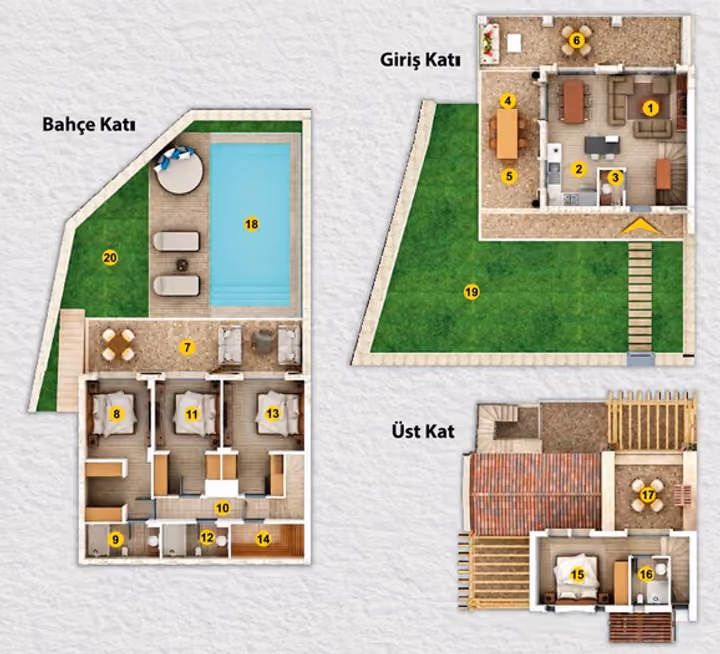 Illustrative floor plan showing three-level villa layout with garden and pool. Catalogue configuration only; not confirmation of a currently available unit.