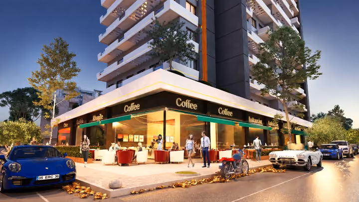Rendering of cafe seating and commercial frontage at the base of the tower.