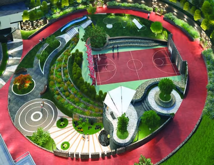 Architectural visualization looking down on the sports court, curved paths and shared garden.