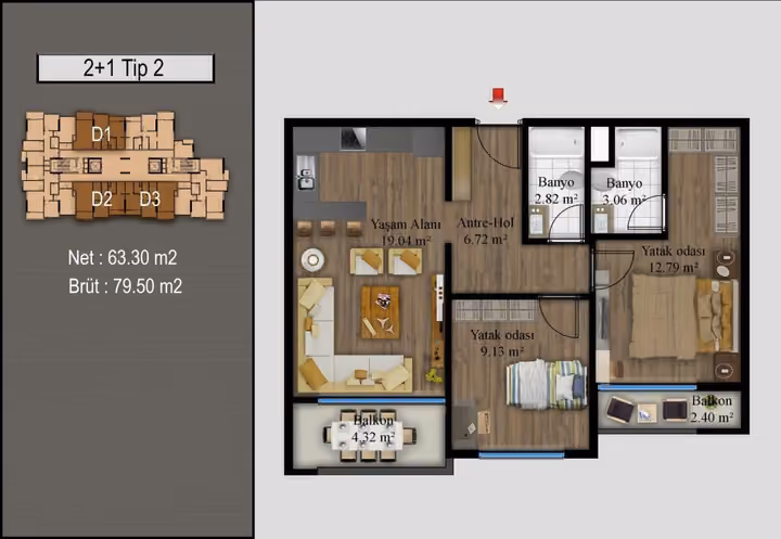 Two-bedroom floor plan with 79.50 square metres gross area, two bathrooms and two balconies.