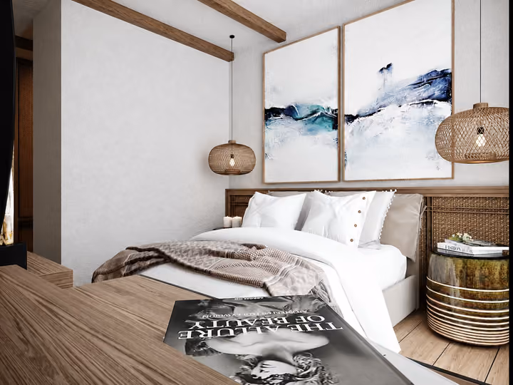 Architectural rendering of double bedroom with wave artwork and fitted storage in Alacati, Cesme.