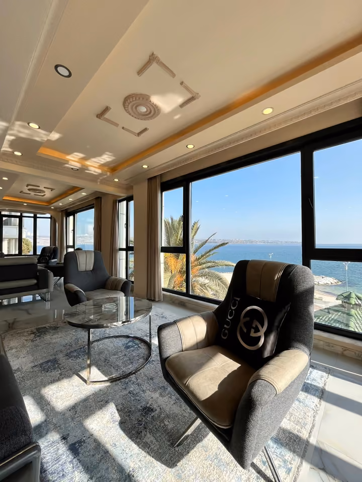 Lounge window seating in the furnished seafront mansion in Buyukcekmece.