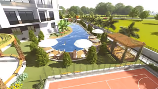 Architectural visualisation of the shared pool and basketball court.