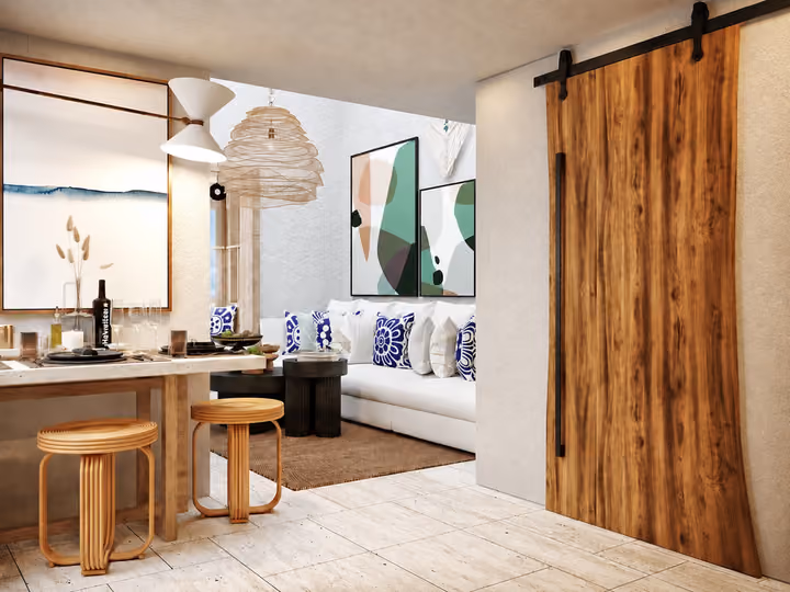 Architectural rendering of breakfast counter beside the living room and sliding door in Alacati, Cesme.