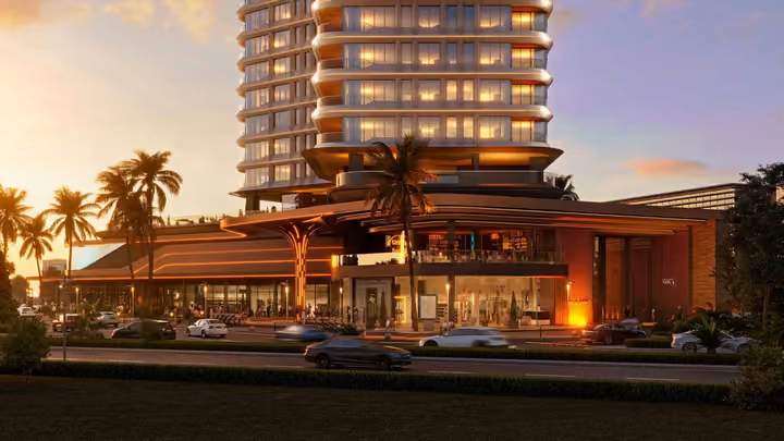 Architectural visualization of the tower base, pedestrian frontage and landscaped street edge.