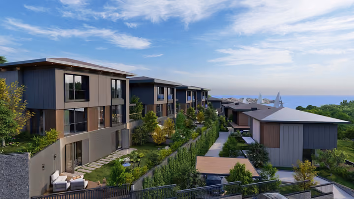 Villas, planted gardens and a sea outlook illustrated in the background. Architectural render supplied in the project source folder; it illustrates the proposed design.