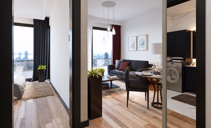 Architectural rendering of apartment entrance and open living area.