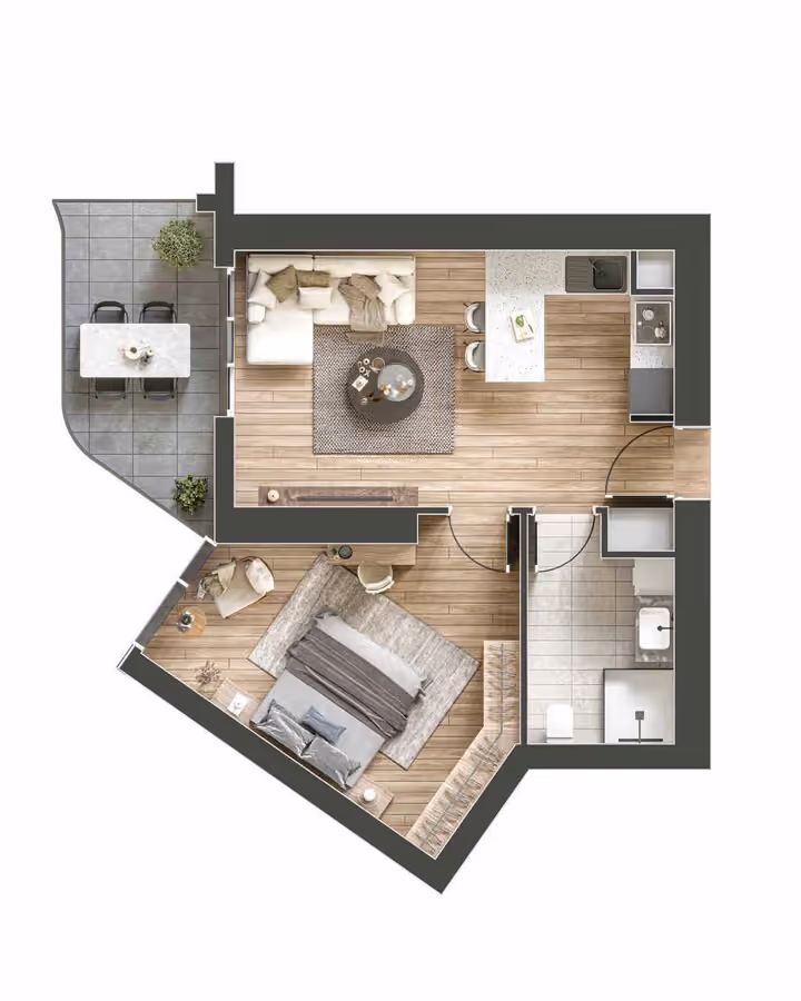 Developer floor-plan illustration of a one-bedroom apartment, including the living area, kitchen and bathroom.