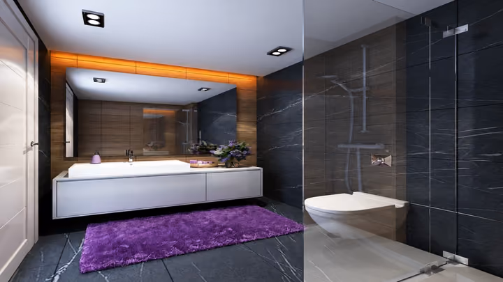 Interior rendering of a bathroom with a vanity, toilet and glass shower enclosure.