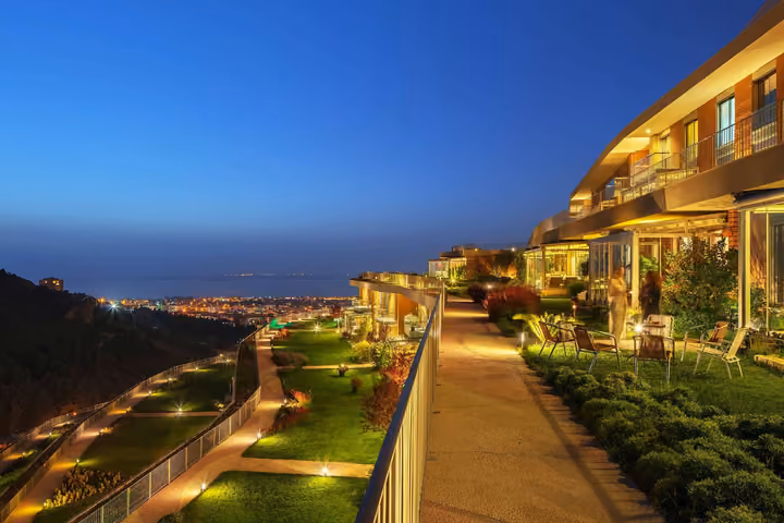 Residential garden walkway illuminated at dusk.