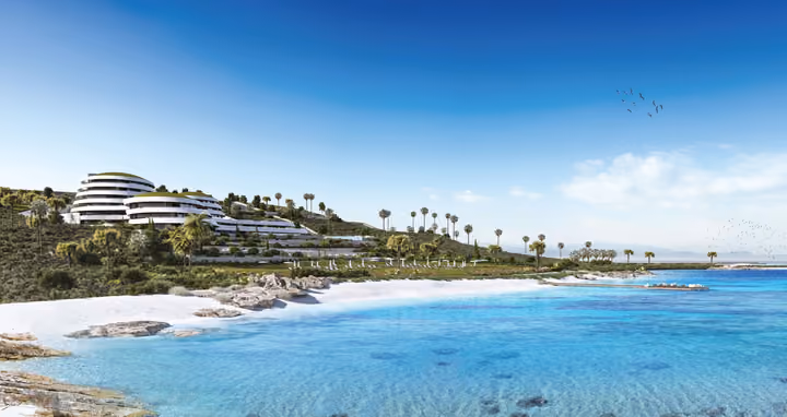 Architectural visualization from the water showing the development along the coastline.