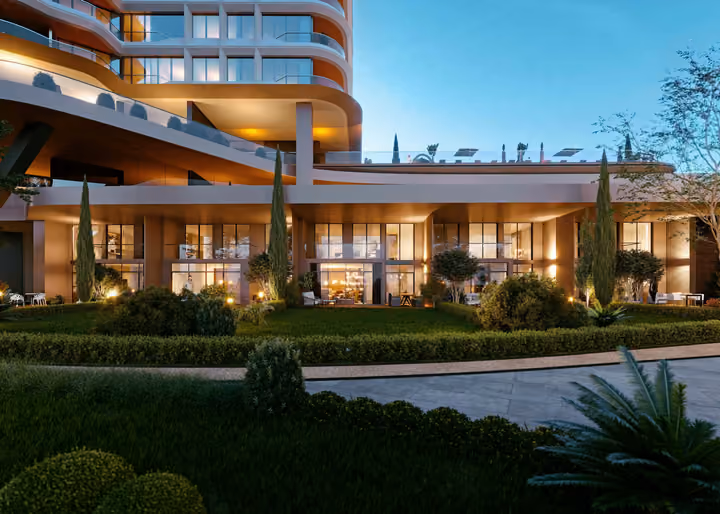 Architectural visualization of planting, pedestrian paths and the glazed ground-floor frontage.