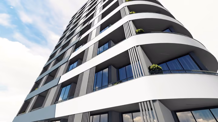 Architectural rendering of rounded balcony bands