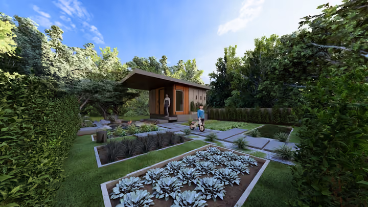 Planted garden beds and paths beside a small garden building. Architectural render supplied in the project source folder; it illustrates the proposed design.