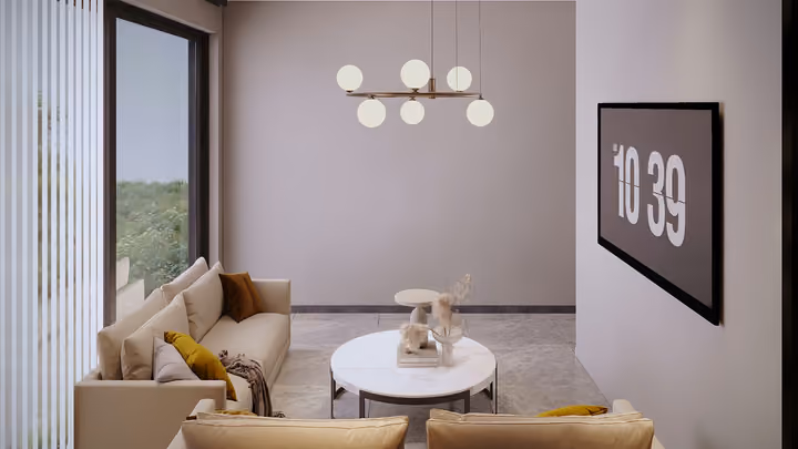 A sitting room with sofas, a coffee table and a wall screen. Architectural render supplied in the project source folder; it illustrates the proposed design.