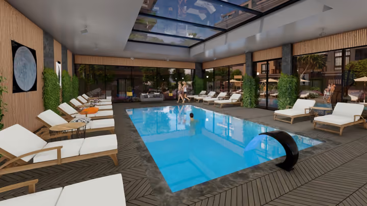 Architectural rendering of an indoor pool with curved seating and sun loungers