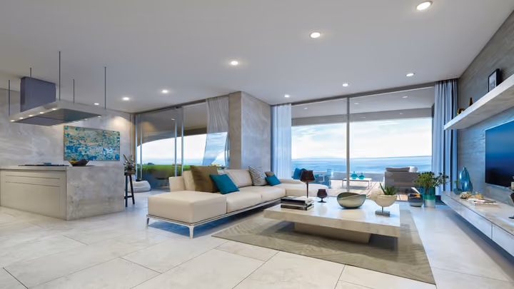 Developer interior visualization of the living room, kitchen island and broad glazing.