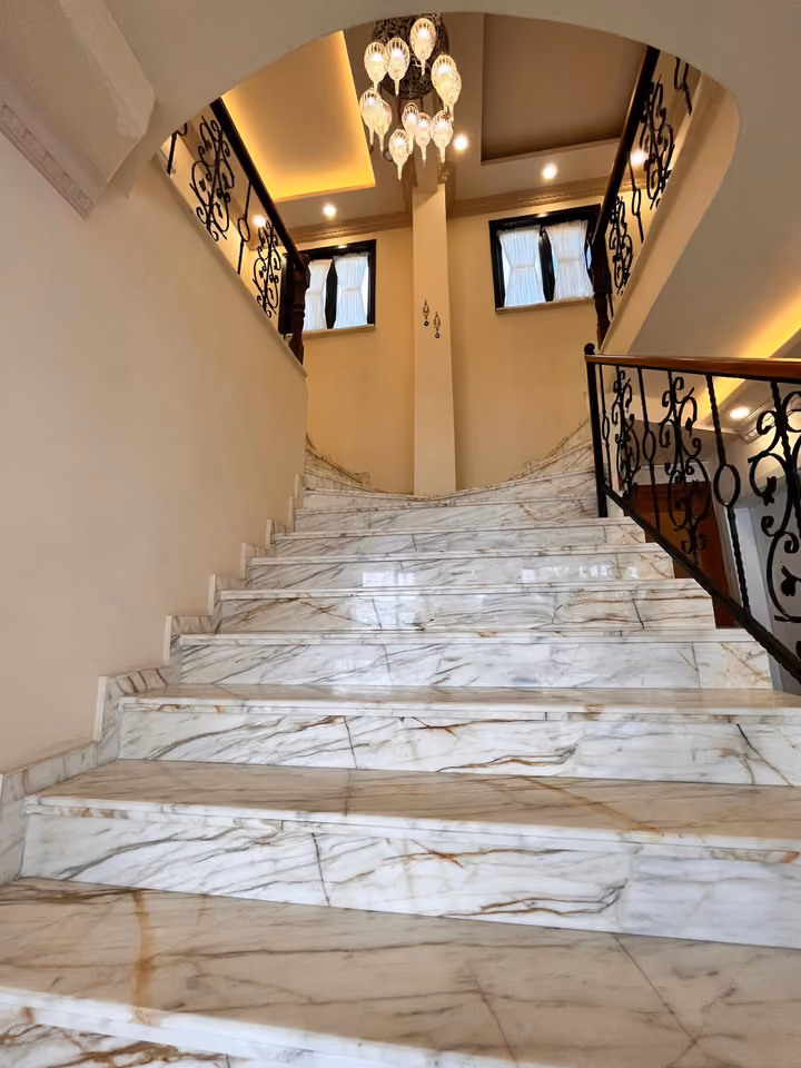 Marble staircase front view in the furnished seafront mansion in Buyukcekmece.