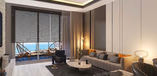 Interior visualisation of a living room with access to a balcony.