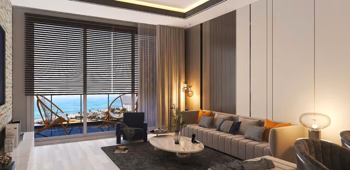 Interior visualisation of a living room with access to a balcony.