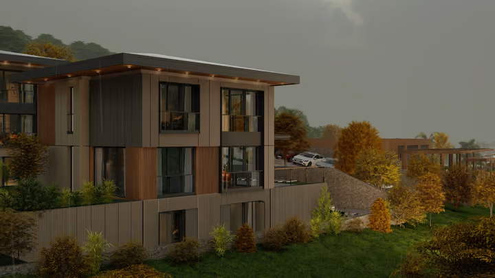 A villa surrounded by a garden with autumn foliage. Architectural render supplied in the project source folder; it illustrates the proposed design.