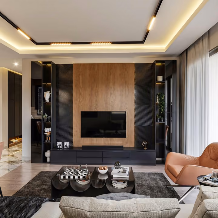 Architectural visualisation: living room with access to a balcony.