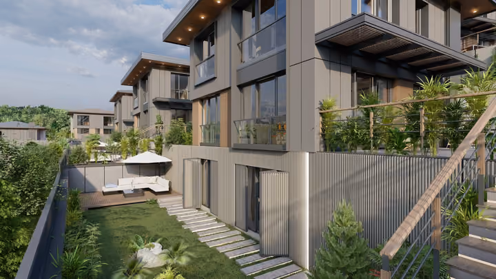 A multilevel villa above a lawn and furnished lower garden terrace. Architectural render supplied in the project source folder; it illustrates the proposed design.
