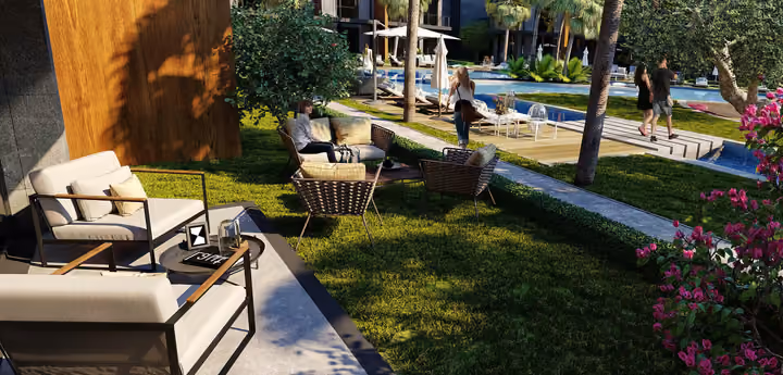 Architectural rendering of outdoor seating beside private garden residences in Gaziemir, Izmir.