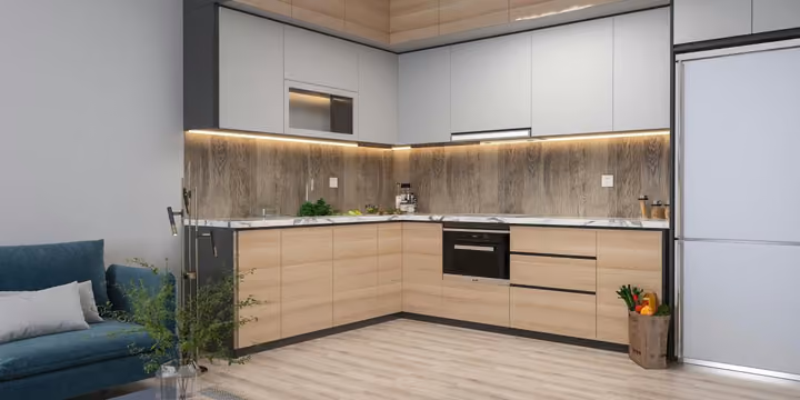 Representative kitchen design rendering; appliance inclusion is not confirmed