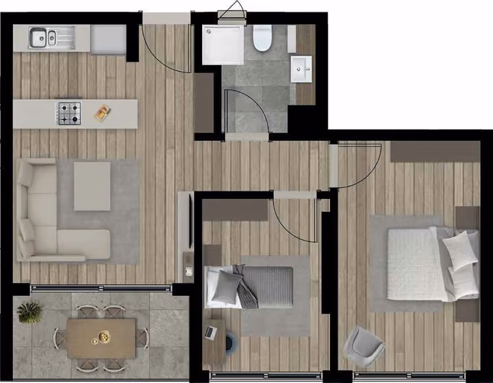 Developer floor-plan illustration of a two-bedroom type A apartment with one bathroom.