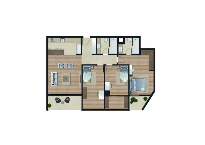 Original catalogue floor-plan illustration for a 3-bedroom apartment with two bathrooms, 105.43 square metres net and 113.00 square metres gross area. Some layouts also have a separate guest WC.