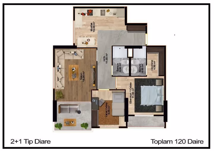 Two-bedroom type plan showing two full shower rooms, a separate kitchen and two balconies; the drawing does not label the total apartment area.