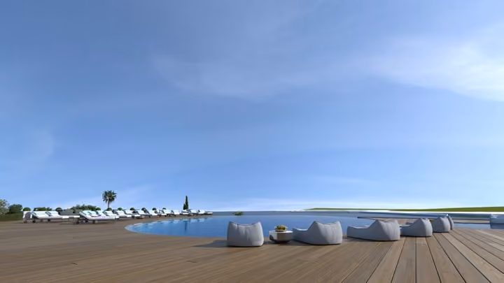 Architectural visualization of the shared deck, lounge seating and sea horizon.