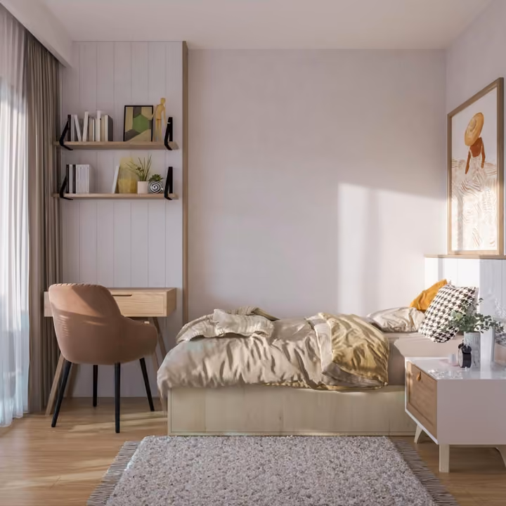Interior rendering of a smaller bedroom with a desk and shelves