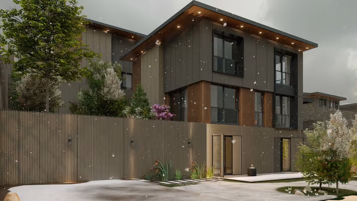 A villa facade and garden terrace illustrated during snowfall. Architectural render supplied in the project source folder; it illustrates the proposed design.