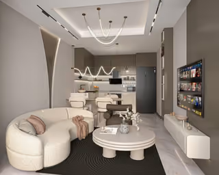 Interior visualisation of an open living room and kitchen.