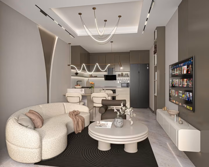 Interior visualisation of an open living room and kitchen.