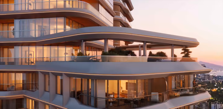 Architectural visualization of stacked balconies and outdoor seating areas.