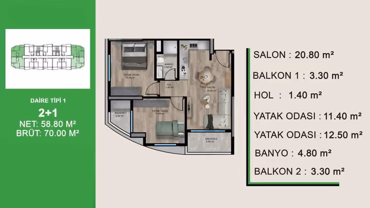 Two-bedroom plan showing 70 square metres gross area, one bathroom and two balconies.